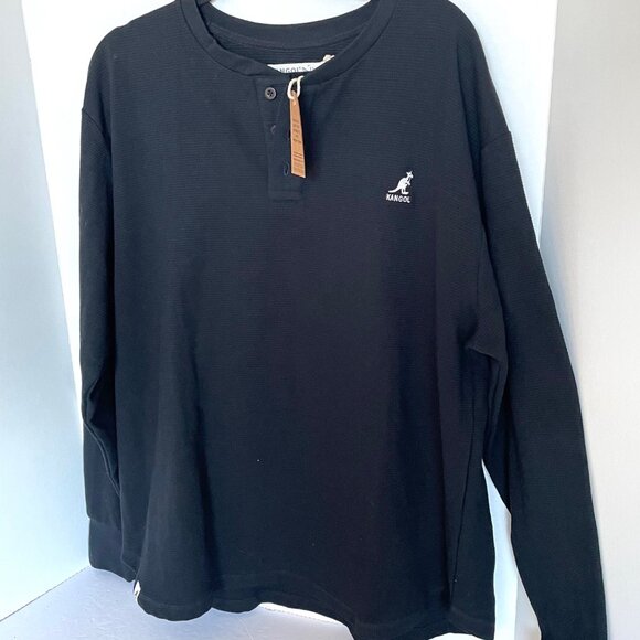 Kangol Henley Waffle Knit Shirt Mens XL Black Cotton Thermal Long Sleeve - Picture 4 of 6